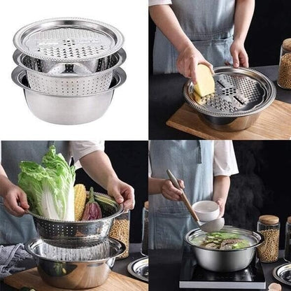 🔥50% RABATT!🔥🔥3-in-1-Multifunktionssieb-Set aus Edelstahl, inklusive Schüssel/Sieb/Schneider, ideal zum Waschen von Reis, Obst und Gemüse, unverzichtbar in jeder Küche