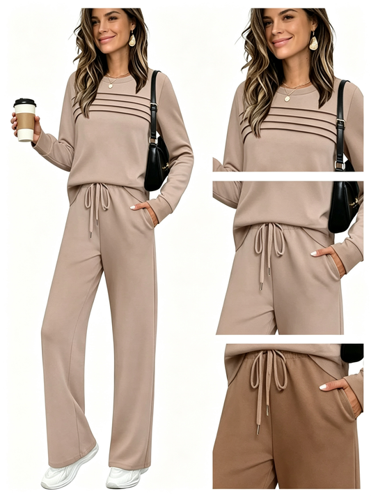 🔥LETZTER TAG 50 % RABATT💓Set aus Damen-Oberteil mit Rundhalsausschnitt und Hose mit Kordelzug💯