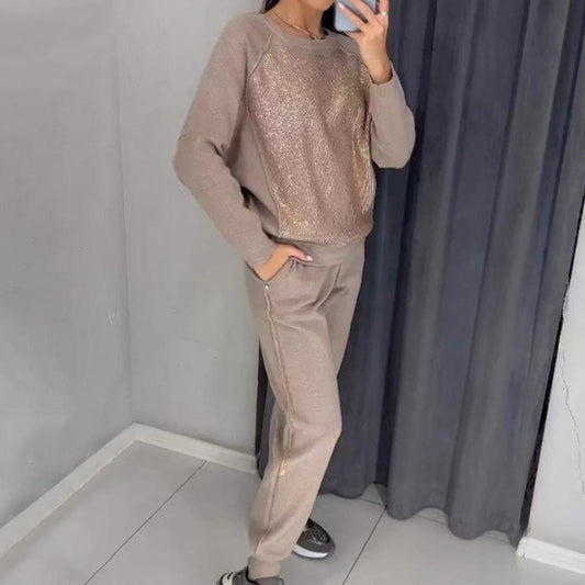 💕Heißer Verkauf 49% Rabatt💕Damen Glitter Rhinestone Sweatshirt & Casual Hose 2-teiliges Set